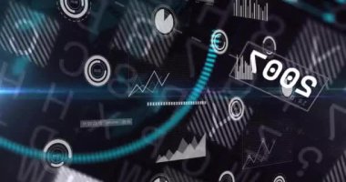 Veri analizi ve geleceksel grafikler dijital arayüz arkaplanı üzerinde animasyon. Teknoloji, veri görselleştirme, yenilik, dijital dönüşüm, büyük veri, bilgi grafikleri