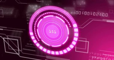 İkili kod üzerinde pembe dairesel arayüzle dijital veri işleme animasyonu. Teknoloji