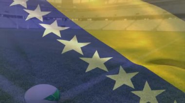 Bosna-Hersek stadyum sahasında rugby topu üzerinde bayrak animasyonu. Spor, ulusal, rekabet, takım, dinamik, sembol
