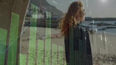 Finansal veri tabloları, sahilde dikilen, gözleri koruyan bir kadının animasyonunu gösteriyor. Finans, analitik, teknoloji, iş, fütüristik