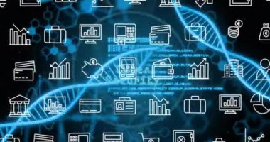 Finansal veriler ve teknoloji, DNA iplikçikleri üzerinde animasyon simgeleri oluşturuyor. Finans, fütüristik, biyoteknoloji, yenilik, arayüz, dijital kavram