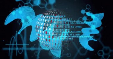 İkili kod küre ve moleküler yapılar, bilimsel veri işleme animasyonu. Teknoloji, bilim, gelecekçi, dijital, kodlama, siber