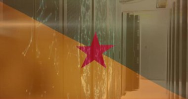 Veri merkezi sunucuları üzerinde kırmızı yıldız ve sarı arkaplan animasyonu. Teknoloji, ağ, altyapı, dijital, hesaplama, bağlantı