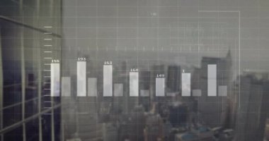 Finansal veri tabloları ve grafikler şehrin arka planında canlandırılıyor. Finans, iş, animasyon, analitik, görselleştirme, ekonomi