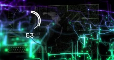 Dünya haritası ve ağ bağlantıları üzerinde dijital veri işleme animasyonu. Teknoloji, küresel, bağlantı, iletişim, fütürist, siber uzay