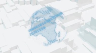 Soyut beyaz geometrik şekiller üzerinde numaralar ve çizgilerle dönen küre. Küresel, teknoloji, veri, görselleştirme, geleceksel, dijital