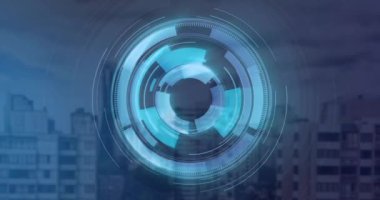 Şehrin arka planında fütüristik dairesel arayüz canlandırılıyor. technology, digital, innovation, animasyon, urban, modern