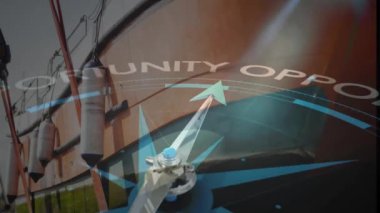 Pusula kenetlenmiş teknenin üzerindeki OPPORTUNITY animasyonunu gösteriyor. Navigasyon, yön, macera, keşif, rehberlik, başarı