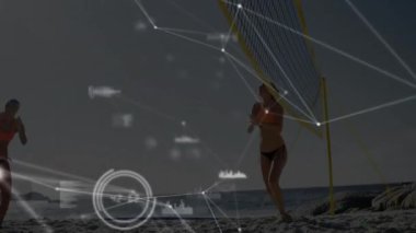 Plaj voleybolu oynuyor, veri noktaları ve ağ bağlantıları olan insanlar animasyon yapıyor. Spor, teknoloji, takım çalışması, bağlantı, eğlence, iletişim