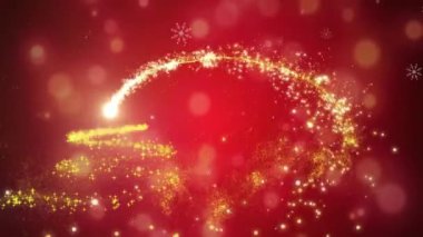 Noel ağacı ve ışıltılı ışık çizgileri kırmızı arka planda Bokeh ile birlikte. tatil, şenlik, kutlama, kış, ışıltı, ışıklar