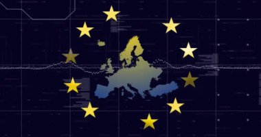 Avrupa Birliği, veri işleme elemanlarıyla Avrupa haritası üzerinde animasyon yıldızları oluşturuyor. teknoloji, küreselleşme, dijital, yenilik, iletişim