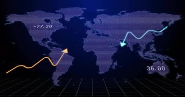 Değişen çizgiler ve sayılarla dünya haritası üzerinde küresel finansal eğilimler. Maliye, ekonomi, veri, analiz