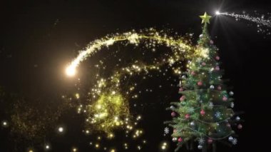 Yıldızlı ve süslü Noel ağacı, parlayan ışık ve kar taneleri animasyonu. Tatil, şenlik, dekorasyon, ışıklar, kutlama, kış