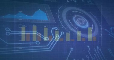 Devre kartı ve veri tabloları ile teknoloji ve analitik animasyon. dijital, fütüristik, yenilik, bilgi