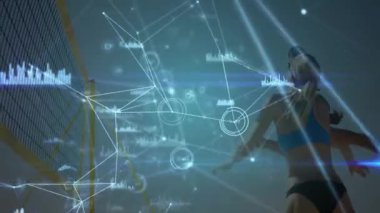 Voleybol oyuncuları üzerinde ağ bağlantıları ve veri işleme animasyonu. Teknoloji, spor, analiz, performans, kaplama, gerçek zamanlı