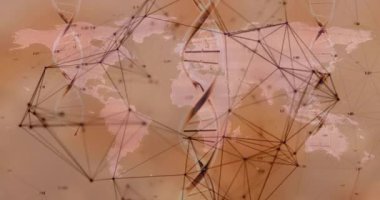 Dünya haritası üzerinde DNA iplikleri ve ağ bağlantıları. Bilim, teknoloji, genetik, biyoloji, veri, moleküler konsept