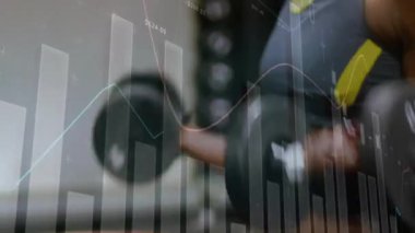 Spor salonunda egzersiz yapan, finansal veri tablosu olan biri, animasyon yapıyor. Fitness, egzersiz, teknoloji, analitik, egzersiz, finans