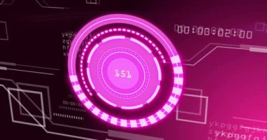 Dönen pembe daireler ve veri işleme animasyonuyla gelecekçi dijital arayüz. Teknoloji, yenilik, yazılım, tasarım, siber, sanal konsept