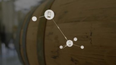 Bağlı cihazlar ve müzik simgeleri ağı ahşap varillerin üzerinde animasyon oluşturuyor. Teknoloji, bağlantı, ağ, dijital, nesneler