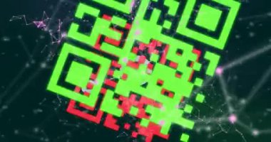 QR kodu ve kullanıcı simgeleri satırlarla, dijital ağ animasyonuyla bağlandı. Bağlantı, teknoloji, engelleme zinciri, iletişim, veri, siber uzay