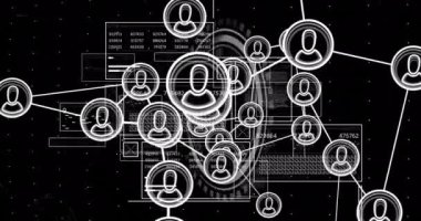 Sayılar ve grafiklerle veri işleme animasyonu üzerinden satırlara bağlı kullanıcı simgeleri. Ağ, bağlantı, iletişim, teknoloji, analiz, dijital