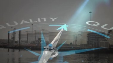 Endüstriyel liman üzerinde su ve binalarla kaliteli pusula animasyonu. Navigasyon, yön, endüstri, liman, denizcilik, rıhtım