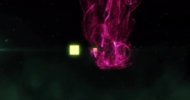 Soyut pembe parçacıklar ve koyu arkaplanda parlayan kareler. dijital, geleceksel, neon, ışık, hareket, teknoloji