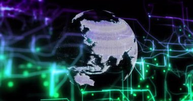 Karanlık arka plan üzerinde dijital ağ bağlantıları olan Dünya 'yı döndürmek. Küre, veri, siber uzay, teknoloji, fütüristik, iletişim konsepti