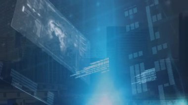 Şehrin arka planında dijital dünya haritası ve veri analiz animasyonu. Teknoloji, veri görselleştirme, analitik, küresel, dijital dönüşüm, kentsel