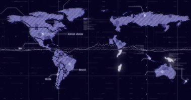 Vurgulanmış ülkelere sahip dünya haritası ve karanlık arkaplan üzerindeki veriler animasyonu gösteriyor. Küresel, veri görselleştirme, analitik, uluslararası, teknoloji, istatistik