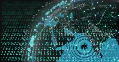 İkili kod ve dijital küre, veri işleme animasyonu. Teknoloji, yapay zeka, makine öğrenme, siber uzay, programlama, kodlama