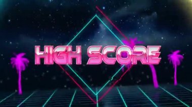 Neon geometrik şekiller ve yıldızlı gece arkaplanı üzerinde yüksek puanlı metin animasyonu. Oyun, retro, futuristik, dijital, canlı, tipografi