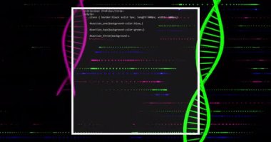 HTML kodu renkli çizgilerle DNA ipliği animasyonunu kesiyor. Teknoloji, programlama, kodlama, genetik, biyoteknoloji, bilim konsepti