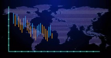 Dünya haritası üzerinden finansal veri grafiği canlandırılıyor. Finans, animasyon, veri görselleştirme, küresel, istatistik, analitik