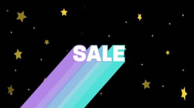 Renkli köşegen çizgiler ve siyah arkaplan üzerinde satılık metin animasyonu. İndirim, promosyon, pazarlama, parlak, canlı, grafik