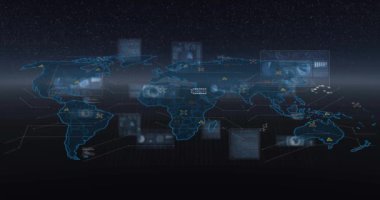 Dünya haritası üzerinde küresel ağ bağlantıları ve veri işleme animasyonu. Teknoloji, yenilik, dijital, iletişim, otomasyon, bilgi