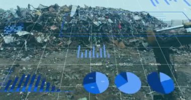Arazi dolgusu üzerinde çeşitli grafik ve grafikleri gösteren veri canlandırma animasyonu. Çevre, sürdürülebilirlik, atık yönetimi, veri analizi, bilgi grafikleri, geri dönüşüm