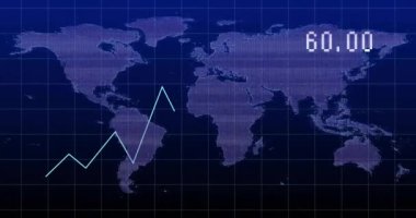 Finansal grafik animasyonu dünya haritasında dalgalanan bir çizgi ve 100.00 numara. Finans, yatırım, küresel, veri, ekonomi, analiz