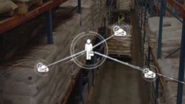 Forklift operatörüyle depoda bağlantılı işçi animasyonu ağı. Lojistik, teknoloji, takım çalışması, endüstri, otomasyon, tedarik zinciri