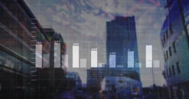 Finansal veri tabloları ve grafikleri gökdelenlerle şehir manzarası üzerinde. Maliye, ekonomi, istatistik, analitik, iş, kentsel