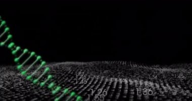 Animasyonda bilimsel veriler, DNA dizileri ve ikili kodlama işleniyor. Bilim, teknoloji, veri analizi, genetik, biyoteknoloji, araştırma