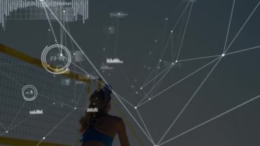Plaj voleybolcusu üzerinden ağ bağlantıları ve veriler animasyonu gösteriyor. Teknoloji, dijital, bağlantı, spor, sporcular, görselleştirme