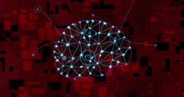 Kırmızı geometrik arkaplan üzerinde sinirsel ağ bağlantıları ve veri işleme animasyonu. Yapay zeka, teknoloji, dijital, gelecek, siber, bağlantı