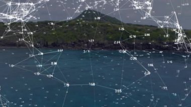 Bağlantılar ve veriler okyanus ve ada üzerindeki animasyonları gösteriyor. Teknoloji, ağ, bağlantı, iletişim, dijital, fütüristik