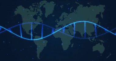 Dünya haritasının üzerinde veri noktalarıyla DNA iplikçikleri. Genetik, biyoteknoloji, bilim, araştırma, küresel, yenilik