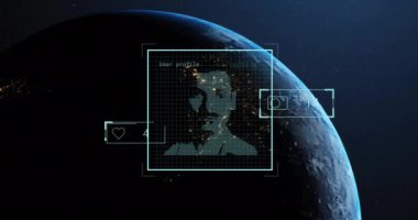Uzaydan veri ve sayılarla Dünya üzerinde dijital yüz tanıma animasyonu. Yapay zeka, teknoloji, siber güvenlik, biyometri, küresel izleme