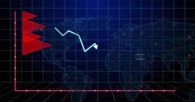 Finansal veriler ve borsa dünya haritası üzerinde animasyonu azaltıyor. Maliye, düşüş, hisse senetleri, küresel, ekonomi, kriz