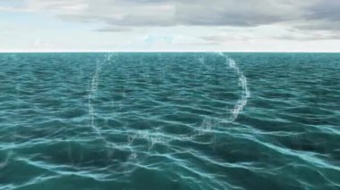 Okyanus dalgaları üzerinde dijital dairesel arayüz animasyonu. Teknoloji, fütüristik, kusursuz, deniz, yenilik, hareket