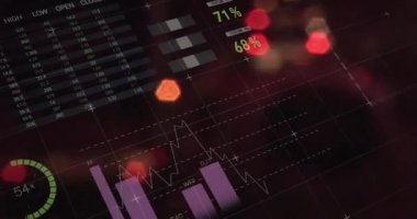 Pie grafikleri ve finansal grafikler arka plandaki bulanık ışıkların üzerinde. Maliye, finans, analitik, veri, ekonomi, istatistik