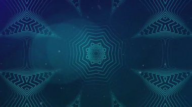 Geometrik desenler ve parlayan şekiller koyu mavi arkaplanda parçacıklarla animasyon oluşturur. Soyut, dijital, geleceksel, tasarım, teknoloji, modern